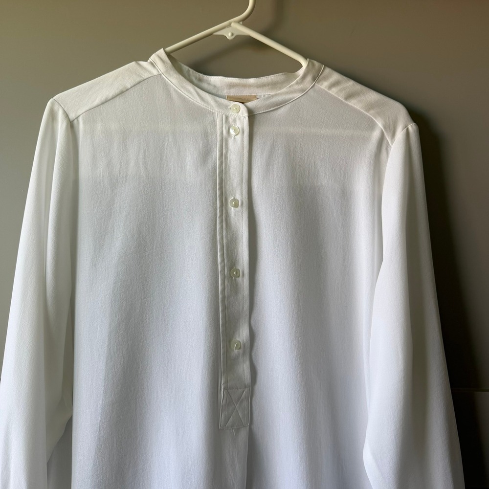 H&M Band Collar Tunic Women Size 12 White Relaxed High Low Button Front Blouse - Picture 2 of 13